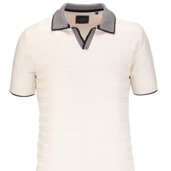 Guide London Cream Tonal Stripe Rib Knit Buttonless Short Sleeve Polo - Picture 1 of 3